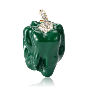 Fashionable green enamel chili pepper brooch with gold metal and sparkling rhinestones