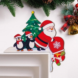 Christmas Door Corner Decoration Wooden Santa Claus Elk L-Shaped Frame Ornament Festive Holiday Home Wall Decor