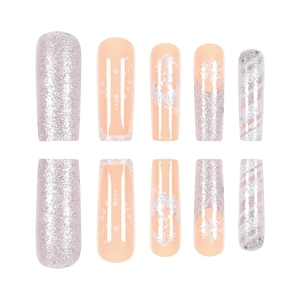 Christmas press on nails with silver glitter, white snowflake patterns and long ballet shape