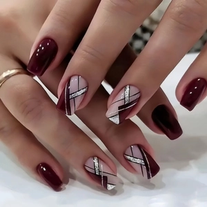 Burgundy Geometric Line Silver Glitter Press On Nails Square False Extensions Detachable Manicure Art