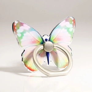 Close-up of colorful butterfly phone ring holder with gradient acrylic wings