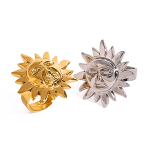 Exaggerated stainless steel sun god face open rings in gold and silver finish