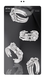 Detailed view of S925 sterling silver multi-layer rose ring with cubic zirconia stones