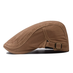 Brown retro canvas flat cap for men with letter embroidery and adjustable buckle