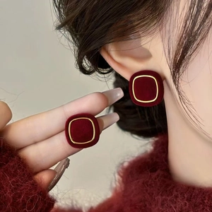 Flocking Square Stud Earrings With Silver Earring Post Geometric Vintage Red Velvet Gold Frame Women Jewelry Accessory