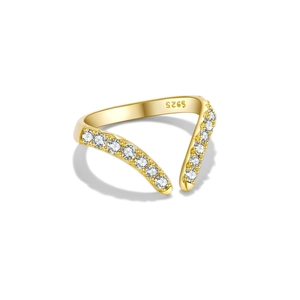 Adjustable S925 sterling silver V-shape ring in gold finish with sparkling crystals