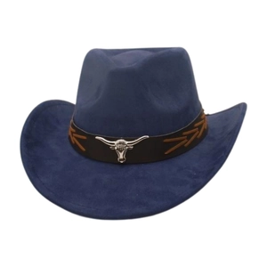 Navy blue faux suede western cowboy hat with a metal bull head badge on a black band