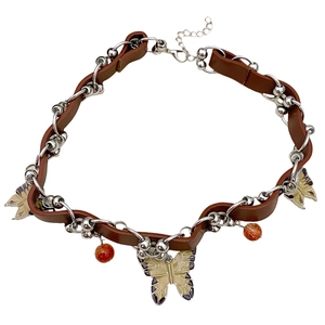 Detailed view of Y2K butterfly choker with brown leather cord and silver chains