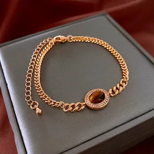 Vintage Tiger Eye Stone Bracelet Copper Real Gold Plated Oval Cubic Zirconia Curb Chain Adjustable Jewelry For Women