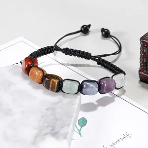 Handcrafted seven chakra natural stone beaded bracelet with adjustable black braided rope