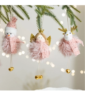 Pink plush Christmas ornaments featuring snowman, angel, and reindeer with gold bells