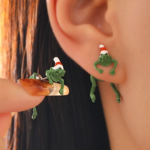 Cute green enamel frog stud earrings with red Christmas hat in a creative split design