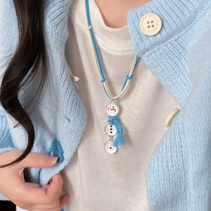Handcrafted snowman pendant necklace with blue fringe tassel on a bicolored cord string