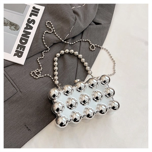 Detail of silver metallic sphere acrylic handbag with beaded handle and chain strap