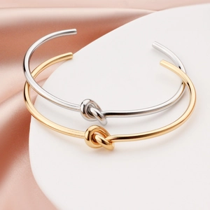 Knot Open Cuff Bangle Gold Plated Stainless Steel Geometric Heart Tie Design Minimalist Fashion Jewelry For Women