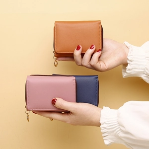 Women Short Wallet PU Leather Foldable Coin Purse Zipper Pocket Card Slots Gold Ring Puller Solid Color Korean Style