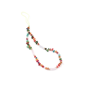 Macro detail of handmade phone charm featuring colorful gravel stones and white pearls