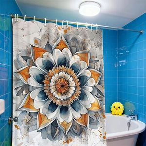 Waterproof mandala shower curtain with vibrant orange and grey patterns for bathroom decor