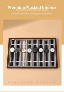 Top view of 8-slot walnut wood watch display tray with soft grey velvet interior lining