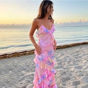 Robe Longue Imprimé Floral Bretelles Spaghetti Volants Étages Dos Nu Mousseline Vacances Bohème Pour Femmes