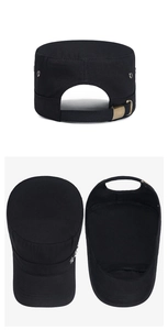 Detail view of cotton military cap featuring adjustable metal strap and breathable eyelets