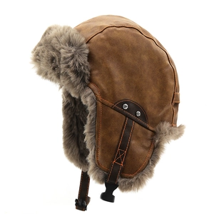 Winter brown PU leather aviator hat with warm faux fur lining and ear flaps