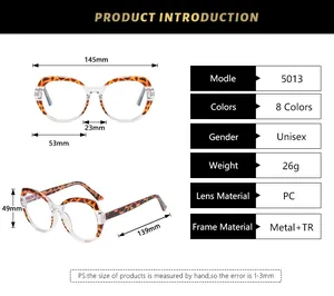 Detailed size specifications for TR90 anti-blue light glasses showing frame and lens dimensions