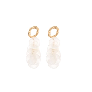 Elegant gold textured round earrings with white shell tassels on a clean white background