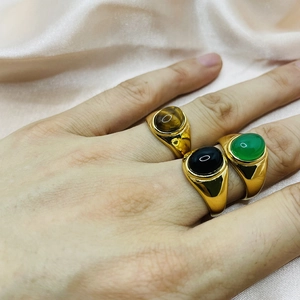 Retro 18k gold plated stainless steel rings with onyx and tiger eye stone for women