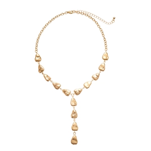 Golden Y-shaped necklace with irregular crushed metal pea pendants and lobster clasp