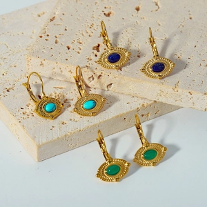 Retro stainless steel lever-back earrings with evil eye turquoise stones in 18K gold finish