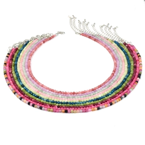 Colorful beaded necklace with natural pink quartz and tourmaline stones with lobster clasp
