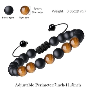 Adjustable 8mm natural tiger eye and black onyx beaded bracelet for men and women