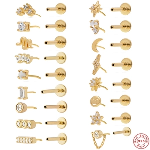 Golden S925 sterling silver flat back cartilage studs with zircon star and moon designs