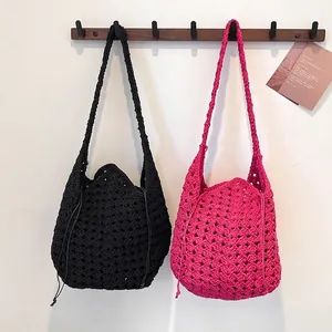 Borsa A Tracolla All'uncinetto Da Donna Cotone Intrecciato Grande Capacità Coulisse Fatta A Mano Vacanza Hobo