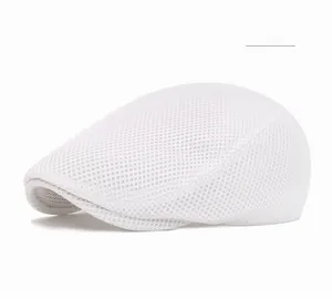 Close-up of white mesh duckbill cap showing breathable honeycomb structure for summer