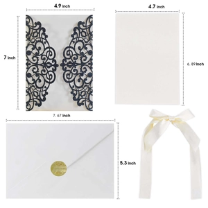 Blue glitter laser cut wedding invitation set with white inner card, envelope and ribbon