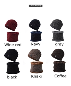 Winter knit hat and neck warmer set in six colors with thick fleece lining detail