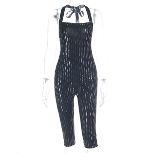 Combinaison dos nu sexy noire pour femme avec paillettes argentées scintillantes et coupe