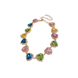 Colorful heart-shaped rhinestone necklace with polished metal setting and extension chain