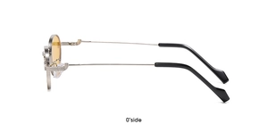 Side view of silver metal sunglasses featuring yellow lenses and comfortable black tips