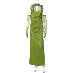 Detail of green satin dress with draped cowl neckline and matching mesh gloves