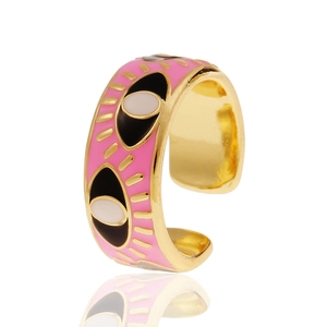 Detailed macro view of pink enamel adjustable open ring with evil eye motif accents