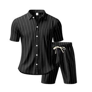 Detail of men's black striped linen set showing the breathable fabric texture and M size tag