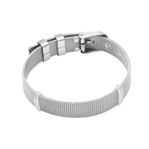 Silver stainless steel mesh watch band bracelet with adjustable buckle on white background