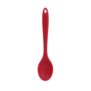Red silicone cooking spoon with integrated handle and hanging hole for kitchen use