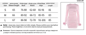 Detailed size chart for pink long sleeve ruched bodycon dress with measurements in cm