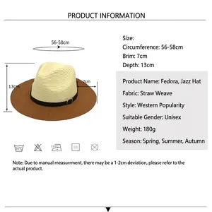 Chapeau de paille unisexe été avec guide des tailles, tour de tête 56-58cm et bord large
