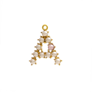 Detail of letter A pendant featuring white and pink pearls on a gold-plated base