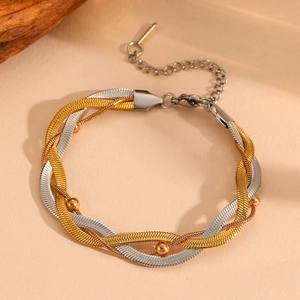Bracelet à trois couches en acier inoxydable tricolore plaqué or 18 carats avec perles